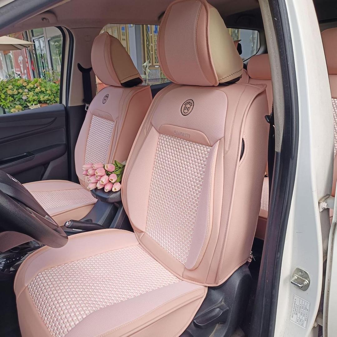 seemehappy Baby Pink Car Seat Covers Full Set - Leather and Ice Silk Breathable Front and Rear Seat Covers for Women Men, Luxury Car Cushions