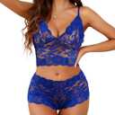 Lilosy Sexy Sheer Floral Lace Pajamas Lingerie Set High Waist Sleepwear Bra and Panty 2 Piece Nightwear (XX-Large, Royal Blue)