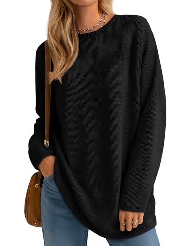 Velvelhall Womens Long Sleeve Sweatshirts Oversized Waffle Knit Tunic Tops Casual Crewneck Long Shirts (Black,Large)