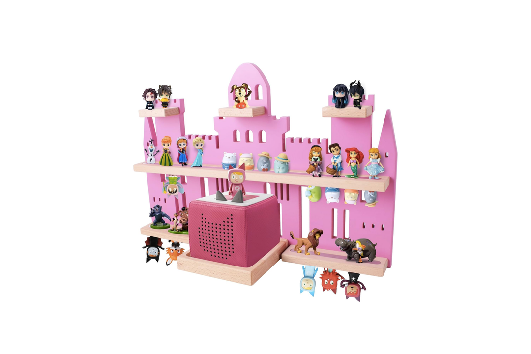 Tonie Shelf Castle for Toniebox,Wall Mounted Tonie Shelf Set,Tonie Figures Tonie Storage,Magnetic Wooden Floating Shelves Compatible with Toniebox for Kids Room (Pink)