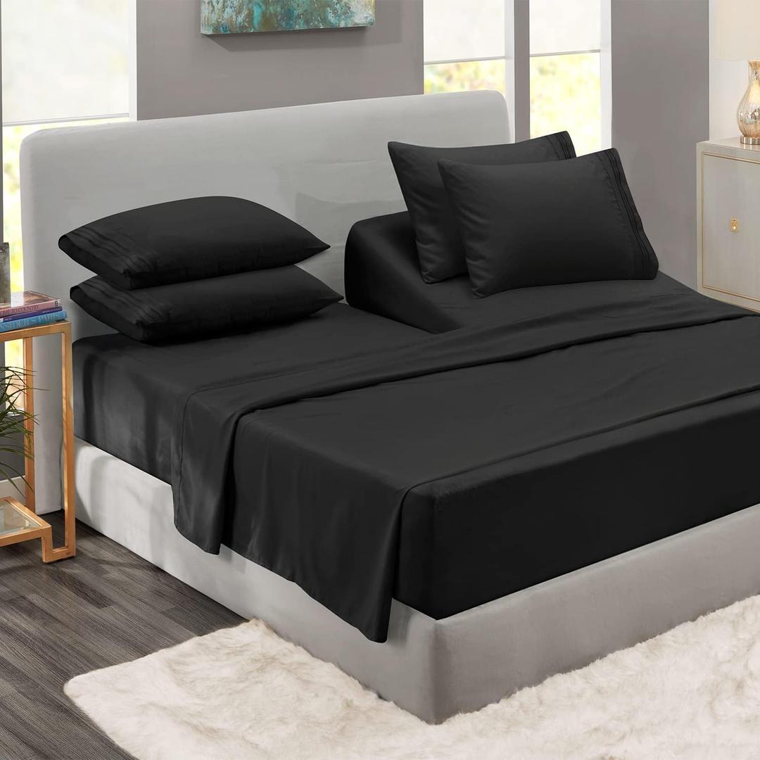 Clara Clark Flex Top King Sheets, 6 Piece Set - Hotel Luxury Sheets for Top Split King Bed, Super Soft Bedding Set, Head Split King Black