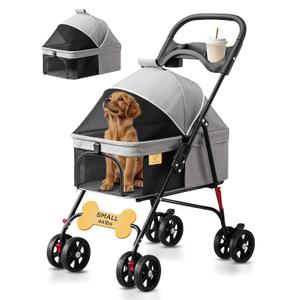 4 Wheel Foldable Pet Stroller - Lightweight Dogs and Cats Stroller Up to 44lbs with Mesh Canopy, Storage Basket and Cup Holder, Durable for Walks and Outings (Small)