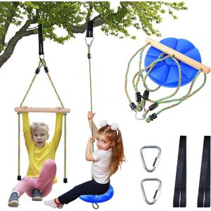 Disc Swing for kids Tree Swing Set Accessories Rope Swing Adjustable Swing Set With Monkey Bars 1 Carabiner 2 Added Hanging Straps 3IN1 Heavy Duty Swingset for Zipline Outdoor Backyard Playground Blue