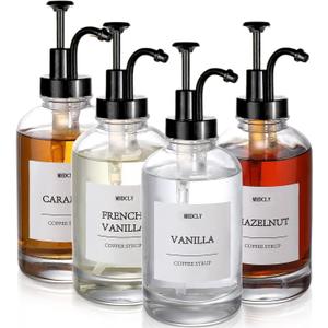 Coffee Bar Accessories, Glass Syrup Dispenser with Pump, 16.9 fl oz/500ml Syrup Bottles for Coffee Bar Organizer, Labels, Spoons,4 Pack