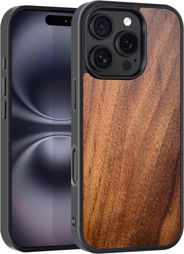 for iPhone 16 Pro Max 6.9 inch Case Wood,Compatible with MagSafe,Slim Eleghant Real Wooden Protective Cover with Rubber Bumper. (Walnut)