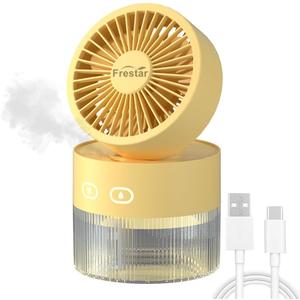 Personal Cooling Fan and Small Air Humidifier 350ml with LED Night Light, Desktop USB Charging Humidifier and Fan 3 in 1 for Office and Small Room, No Battery (Yellow)
