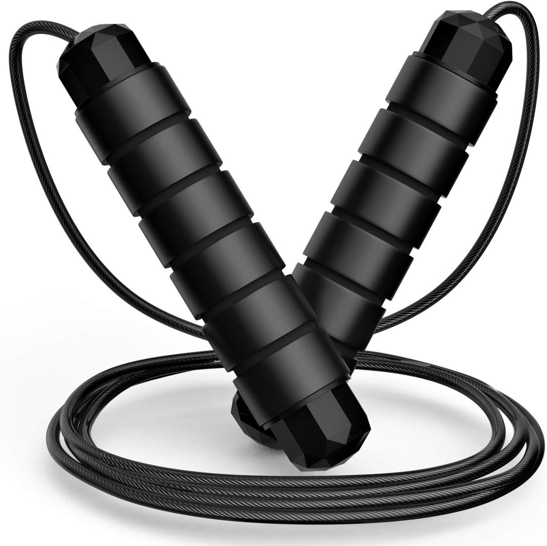 Jump Rope, Tangle-Free Rapid Speed Jumping Rope Cable with Ball Bearings for Women, Men, and Kids, Adjustable Steel Jump Rope with Foam Handles for Home Gym Exercise Fitness Workout Equipment & Slim Body (Black)