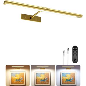 EZVALO Picture Light for Wall, 4800mAh Rechargeable Wireless IR Remote Ccontro Lights, 16'' Dimmable Magnetic LED Art Painting Light with 3 Color Temps, Display for Gallery, Living Room, Bedroom(Gold)