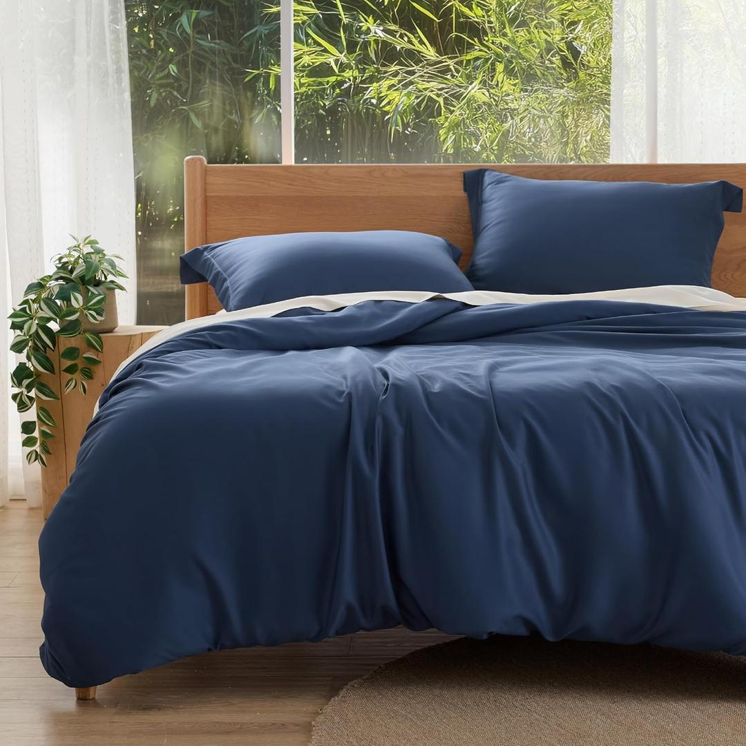 Bedsure 100% Bamboo Duvet Cover King Size - Lightweight Silky Cooling Rayon Derived from Bamboo Comforter Cover Set for Hot Sleepers, Breathable & Moisture-Wicking Bedding Set, Navy (King (104" x 90"))
