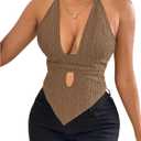 SOLY HUX Women's Deep V Neck Cut Out Halter Top Tie Backless Asymmetrical Hem Summer Tops (Plain Khaki)