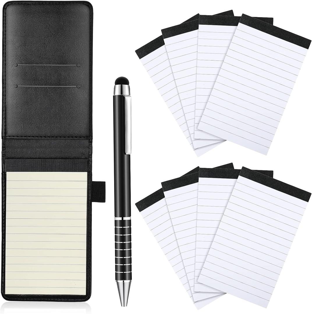 Outus 10 Pcs Mini Pocket Notepad Holder Set Included Small Leather Pocket Notebook Holder with 50 Lined Sheets, Metal Pen, 8 Pcs 3 x 5 Inch Memo Book Refills, 30 Lined Paper Per Note Pad (Black)