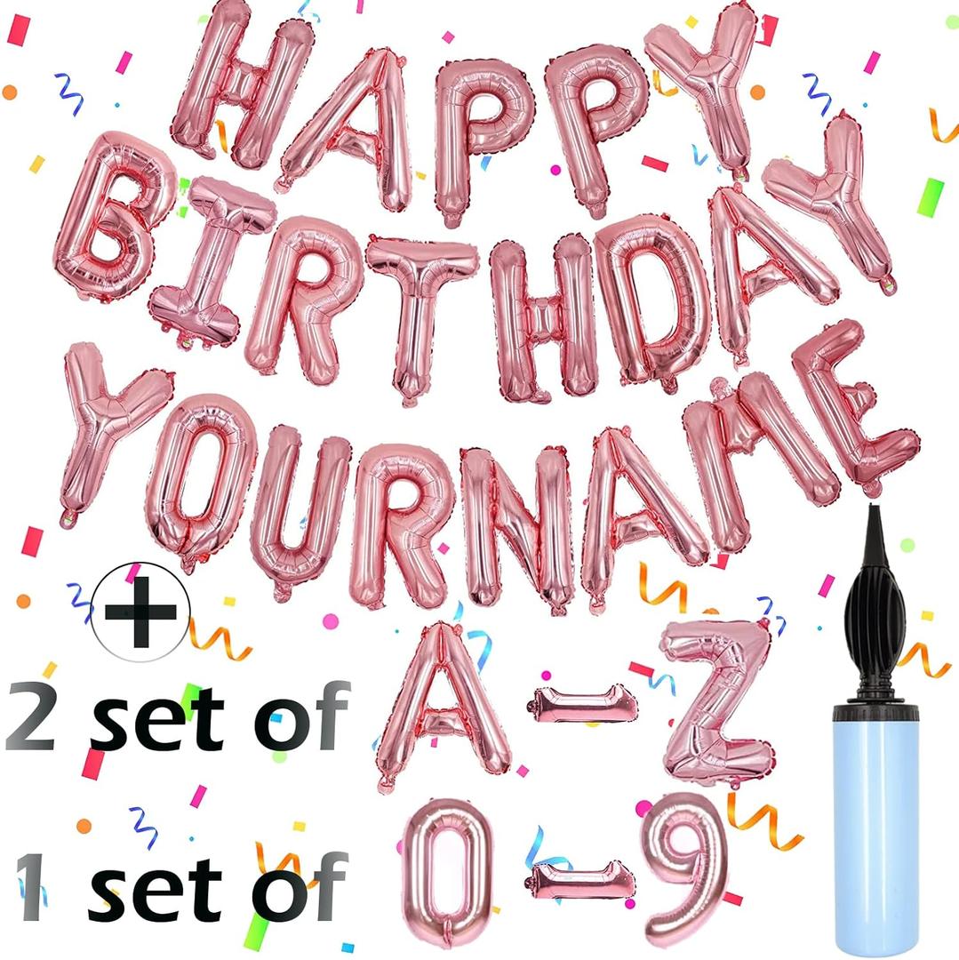 76pcs Happy Birthday Balloon Banner, Rose Gold Balloons Letters, Personalized 16" Mylar Foil Birthday Decorations include 2 Sets A- Z, 1 set Number 0-9 and "HAPPY BIRTHDAY" letters (with Balloon Pump)