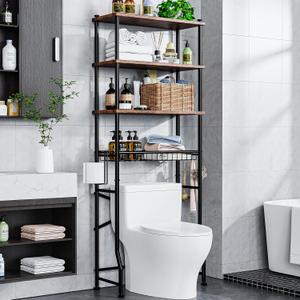 Over-The-Toilet Storage Shelf,4-Tier Bathroom Organizer Cabinet Rack And Storage Over Toilet With Shelf Waterproof Feet Pad And Basket,Multifunctional Space Saver Freestanding Bathroom ShelvesBrown (Round Tube - Brown)