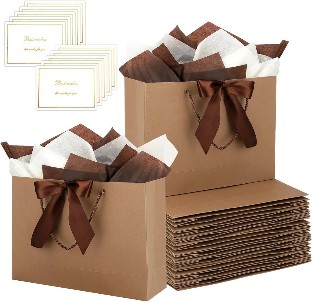Brown Gift Bags with Handles and Ribbons - 10Pcs Gift Bag with 10 Tissue Paper 10 Greeting Cards, Welcome Gifts Thank You Bags for Birthday, Wedding, Mothers Day, Baby Shower, Bridal Shower, Party (12.6''x9.8''x4'')