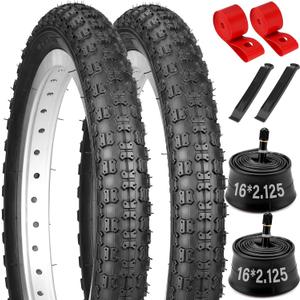 2-Pack 16" Kids Bike Tire Set, 16x2.125 57-305 Folding Replacement Children Bicycle Tires and Tubes Combo with Levers and Rim Strips, Puncture-Resistant 16inch Tires for BMX MTB Children Racing