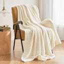 MIULEE Fleece Throw Blanket with Stripe Pattern for Couch Super Soft Fuzzy Flannel Cream White Blanket Plush Warm Cozy Bed Blanket for Sofa Chair Twin Size 60"x80"
