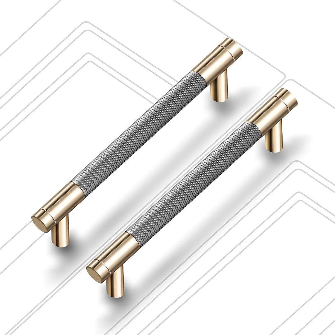 Drawer Pull 2 Pack 5" Cabinet Handles Cabinet Pulls Aluminum Handles Round Pull for Drawer Pulls Gold and Nickle Oxidation Finish with Diamond Pattern Golden Finish 6" Length