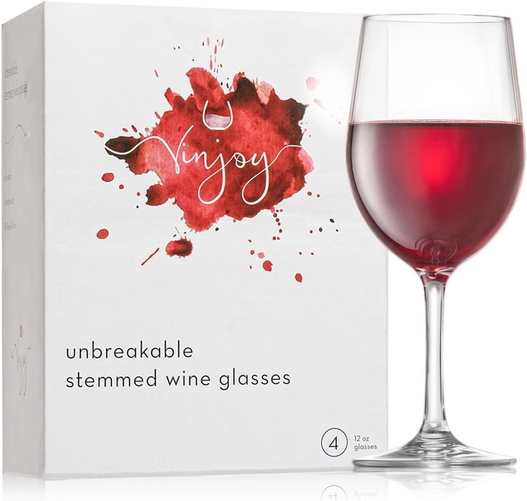 Set of 4 Reusable Plastic Wine Glasses  12 oz Clear Stemmed, Tritan BPA-Free Unbreakable Wine Glasses for Outdoor, Parties & BBQs, Dishwasher Safe Non-Disposable Glassware