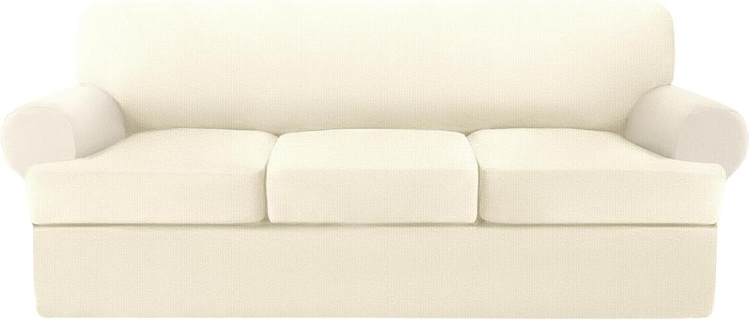 T Cushion Sofa Slipcover 4 Pieces Sofa Covers for T Cushion Couch Soft Sofa Slip Covers Furniture Protector with 3 Individual T Shape Seat Covers (Light Yellow, 3 Cushions)