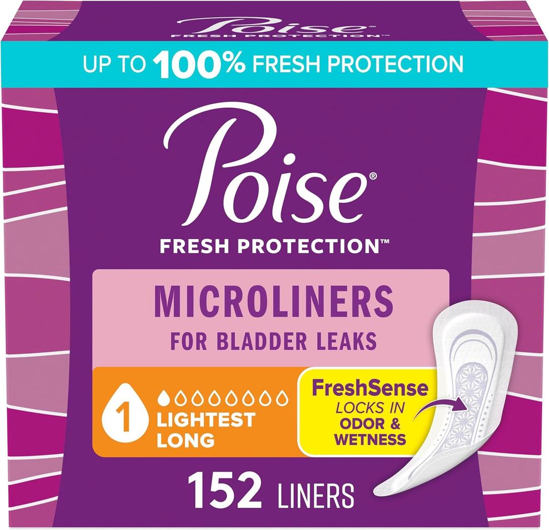 Poise Daily Microliners, Incontinence Panty Liners for Bladder Leaks, 1 Drop Lightest Absorbency, Long Length, 152 Count of Pantiliners (4 Packs of 38)