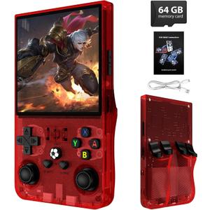 R36MAX Retro Handheld Game Console, 4.0 Inch IPS Screen, 64GB Memory, Portable Arcade Video Gaming Console Gift for Adults, Maple Leaf red