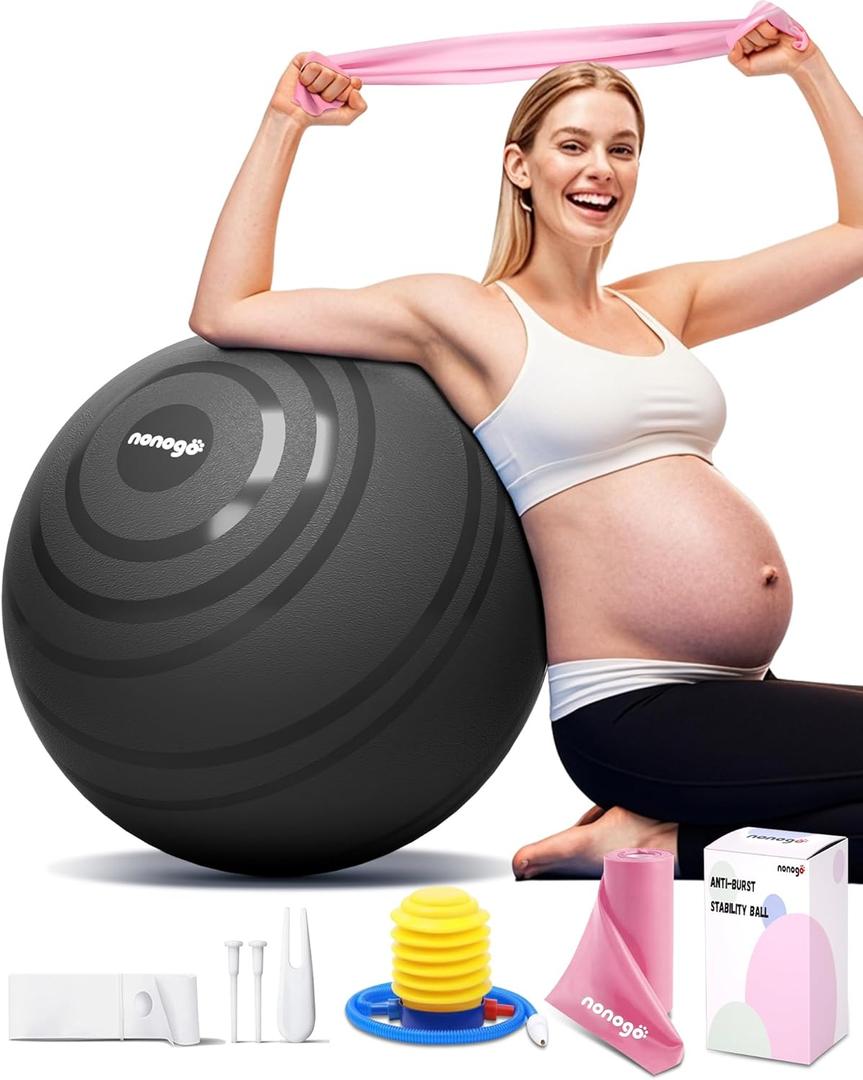nonogo Birthing Ball for Pregnancy with Resistance Bands- Exercise Ball for Working Out, Yoga, Physical Therapy, Maternity Physio, Balance Stability Ball with Pump ((23''-26'') 65cm, Black)
