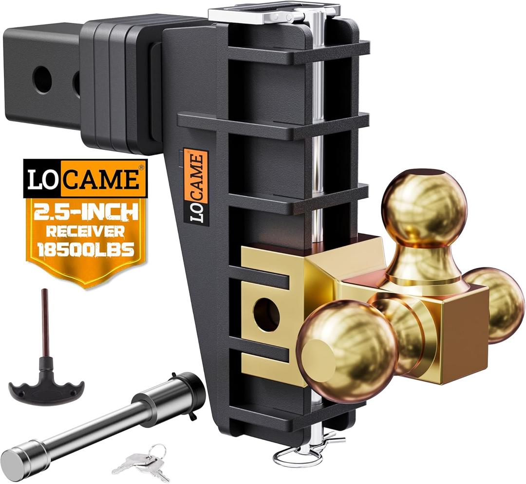 LOCAME Adjustable Trailer Hitch, Tri-Ball(1-7/8'', 2'', 2-5/16''), Fits 2.5 Inch Receiver, 6 Inch Drop Hitch, 18,500 LBS GTW, Heavy Duty Trailer Hitch for Truck, Gold, LC0082