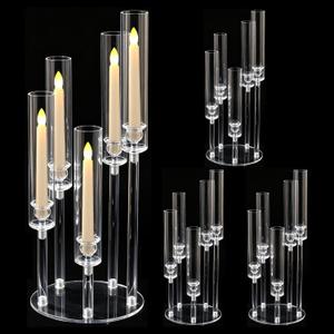 4 Pack 5 Arm Acrylic Candelabra Centerpiece for Tables | Clear Candle Holder Stand with Removable Lampshade,Elegant Centerpieces for Wedding Dinner Party Home Decor Fits LED Candles