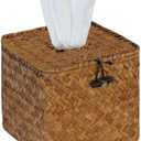 PINXIURY Segrass Woven Tissue Box Cover, Boho Tissue Holder with Lid, Farmhouse Napkin Holder for Toilet Bathroom Living Room Kitchen Bedroom Office Table Desk Car, Natural 5.9" L x 5.7" W x 5.7" H