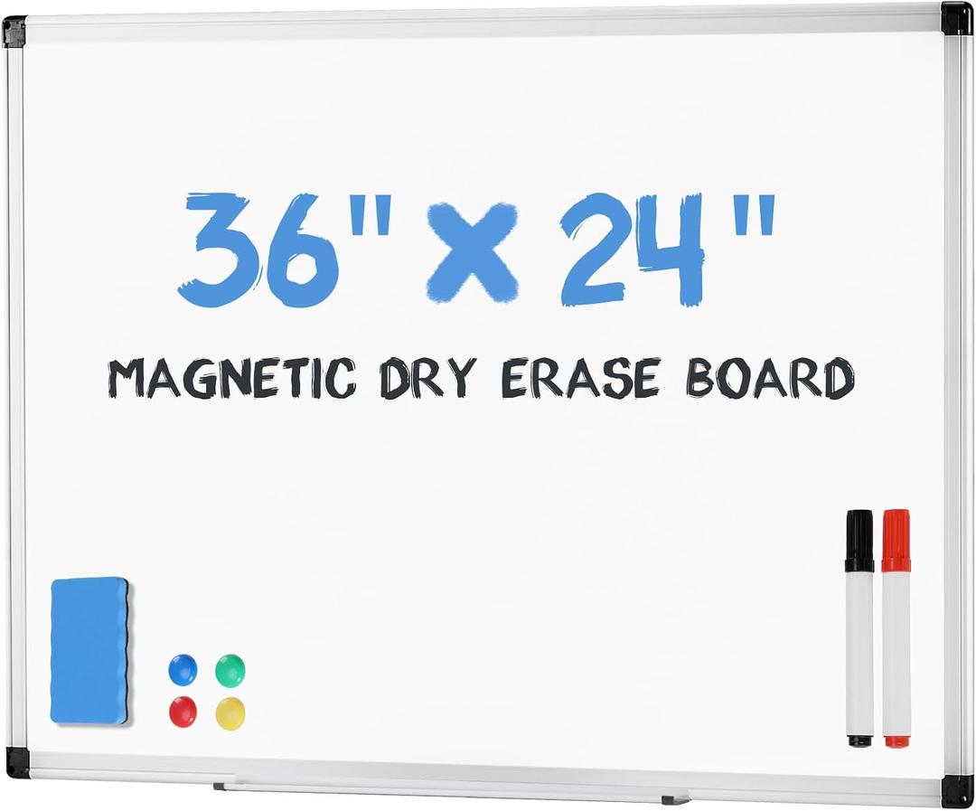 DUMOS Magnetic White Board Kit for Wall 36" x 24", Dry Erase Board with 1 Dry Eraser & 2 Multicolor Markers & 4 Magnetic Pins, Reinforced Aluminum Frame for Home, School & Office