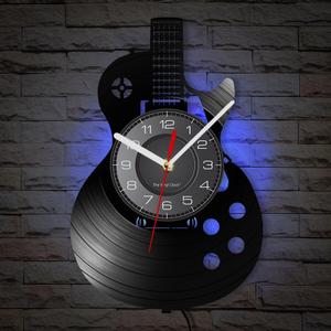 Acoustic Guitar 12" LED Vinyl Wall Clock 7 Colors Changing with Remote Control Musical Instrument Bedroom Wall Decor Vinyl Record Night Light Wall Clock Rock N Roll Music Gift for Men Cave, With Light