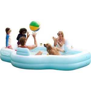 SLOOSH Inflatable Pool for Family with Seats, 120" x 101" x 26" Full-Sized Blow Up Durable Thickened Above Ground Pool with Backrest Cup Holders,Swimming Pools for Backyard Summer Water Lawn, Cyan