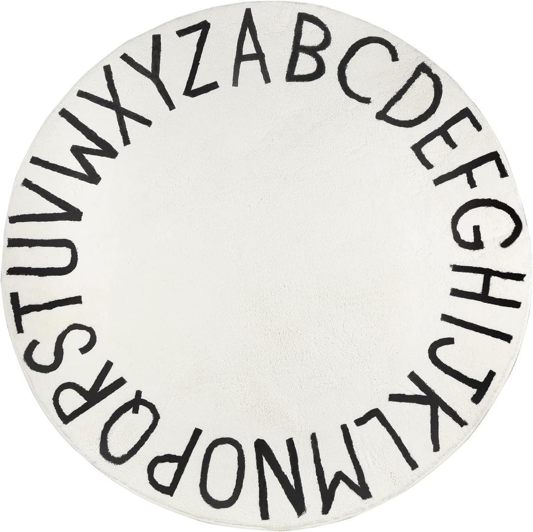 Topotdor Round Kids Play Rug Alphabet Nursery Area Rug Extra Large Soft Crawling Play Mat for Children Toddlers Bedroom (47 inch, White)