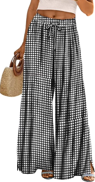 YESNO Women Summer Boho Palazzo Pants High Waist Wide Leg Floral Casual Cotton Lounge Trousers with Pockets 2XL PP0 Plaid Black