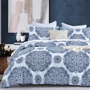 Y-PLWOMEN Blue Duvet Cover Queen - 100% Cotton, Damask Printed, Soft & Breathable, 90"x90", 3PCS (1 Duvet Cover, 2 Pillowshams), Queen Size
