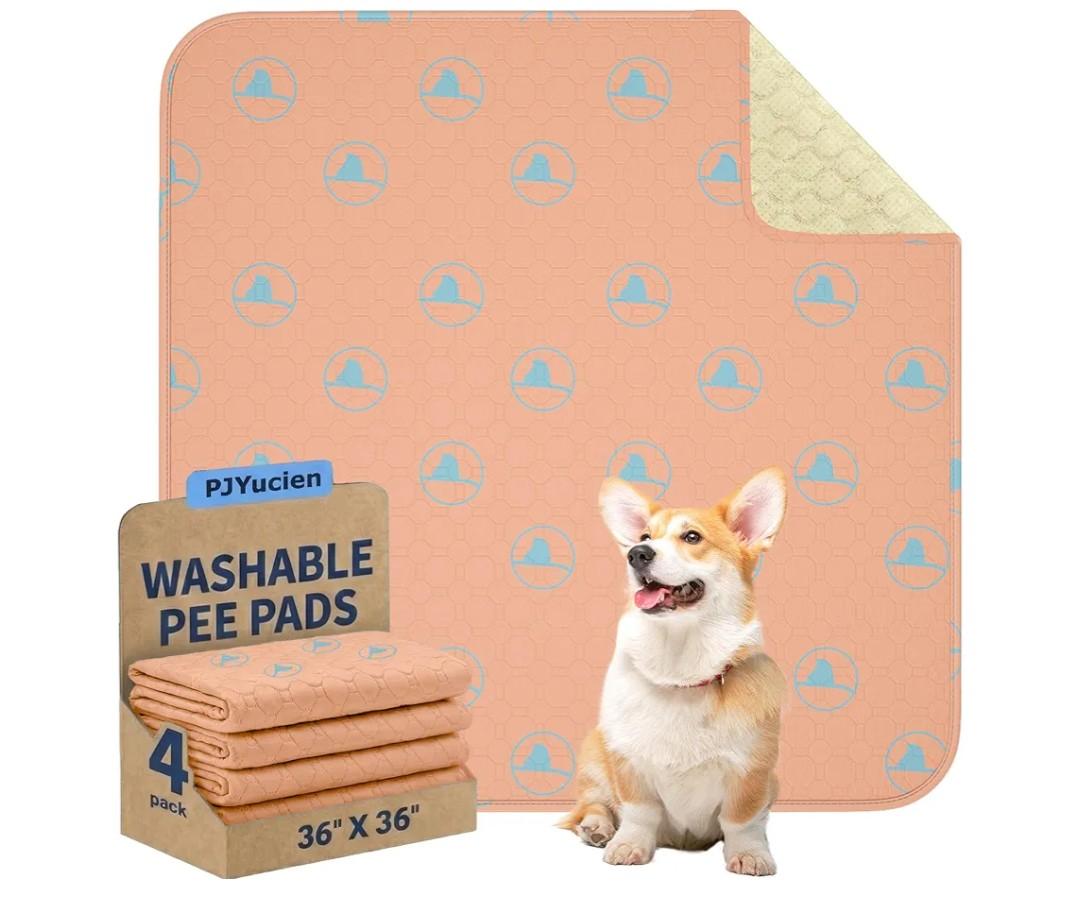 PJYuCien Washable Pee Pads for Dogs 4 Pack, 36" x 36" Non-Slip and Leak-Proof Pee Mat, Puppy Training Pads for Whelping, Playpen, Crate, Bed (Orange)