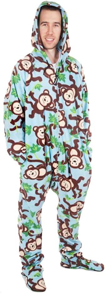 Forever Lazy Footed Adult Onesies, One-Piece Pajama Jumpsuits for Men and Women, Unisex. with Detachable Feet. (Monkey Print on Blue)