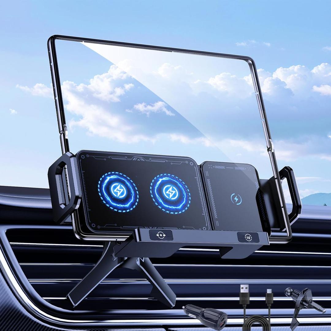 DICMKY Wireless Car Charger Mount Holder for Samsung Galaxy Z Fold 7 6 5 4 3 2, Rotatable Air Vent Dual Coils Auto Clamping Fast Charging Phone Holder for iPhone 16 15, Samsung S25, Google Pixel 9 Pro