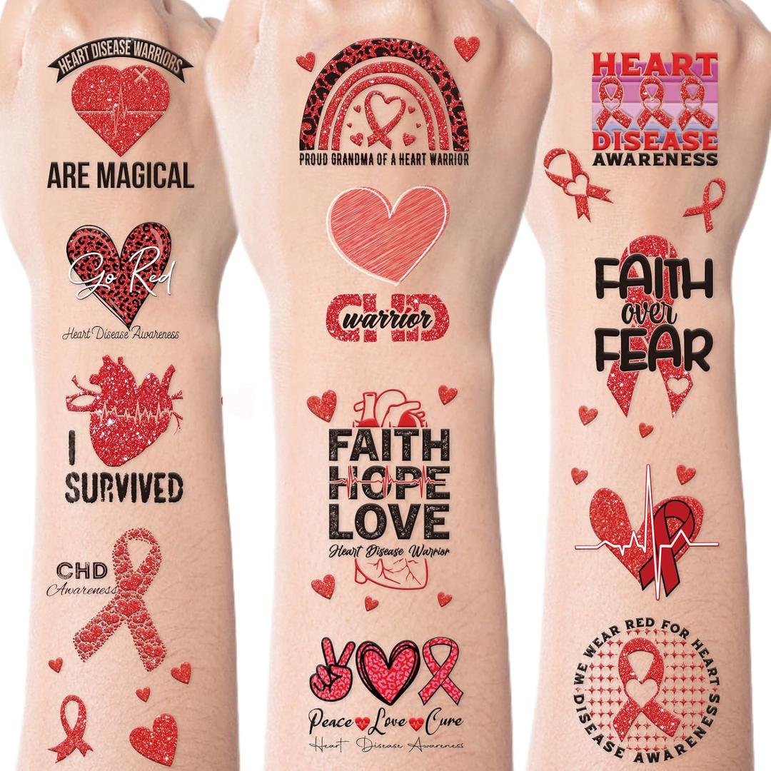 Heart Health Awareness Temporary Tattoos, 240 PCS Red Ribbon Awareness Inspirational Tattoo Stickers, Heart Health Month Accessories Gifts for Hearts Disease Social Charity Public Event Favor Supplies