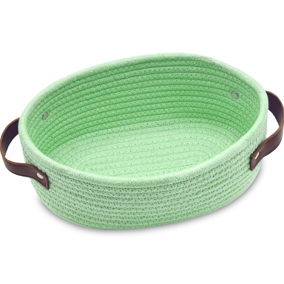 ABenkle Small Woven Basket, Mini Cotton Rope Storage Baskets, Tiny Easter Basket, Shelf Basket, Oval Decorative Toy Dog Cat Bin for Nursery, Empty Gift Basket, 12×8, Green 2 Pack
