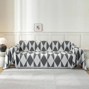 YSTELLAA Couch Cover for Sofa, Boho Sofa Cover Washable Couch Cover for Dogs, Pet Sofa Cover for 2-Cushion Couches with Tassel Furniture Protector Cover,71" x 118",Dark Gray-Diamond