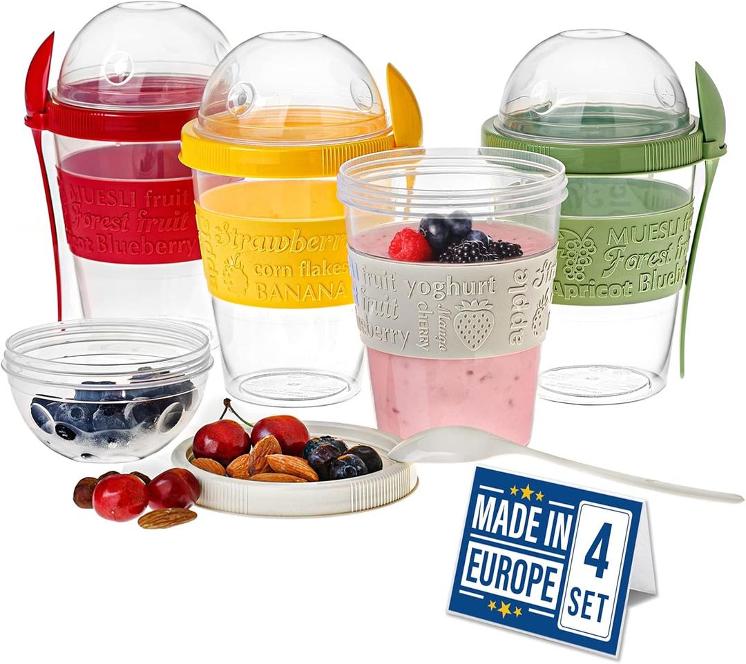Crystalia Yogurt Parfait Cups with Lids, BPA FREE Reusable Yogurt Containers with Lids and Spoons, Take and Go Yogurt Cup with Topping Cereal or Oatmeal Container, Colorful Set of 4 (Large 20 oz)