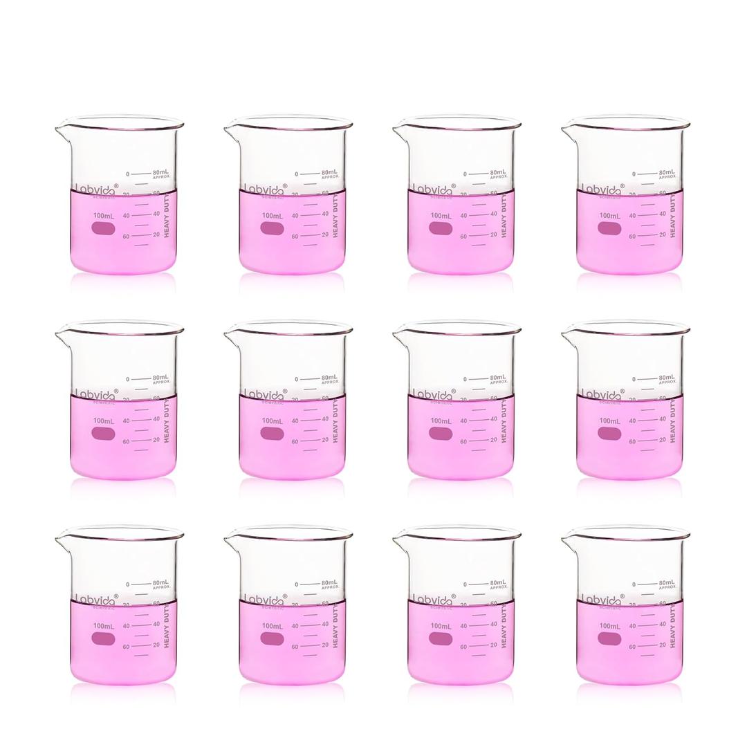 12pcs 100ml Upgraded Thick Glass Beakers, Griffin Low Form Beaker Set with Double Scale, 3.3 Boro, LVA005