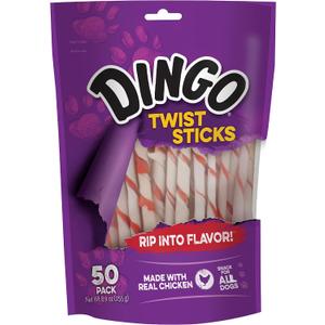 Dingo Twist Sticks 50 Count, Rawhide For Dogs, Made With Real Chicken, 50 Count (Pack of 1), Best By: 02/21/2028