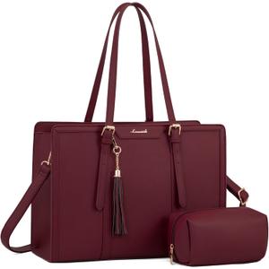 LOVEVOOK Laptop Tote for Women - 15.6 inch Lightweight PU Laptop Bag, Large Capacity Computer Bag with Clutch Purse for Business, Work, Office, Travel, Claret