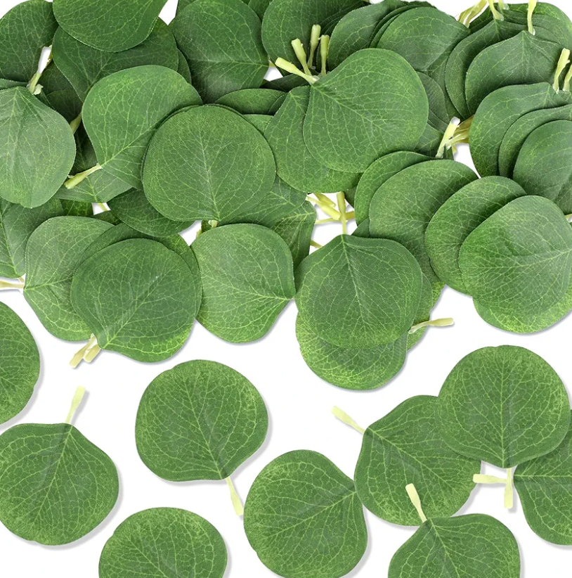 Eucalyptus Leaves, 100 Pcs Artificial Fake Eucalyptus Petals Faux Leaves Green Leaves for Decoration, DIY Crafts, Wedding Bouquets, Wreath, Boutonnieres, Holiday Party, Table and Home Decor