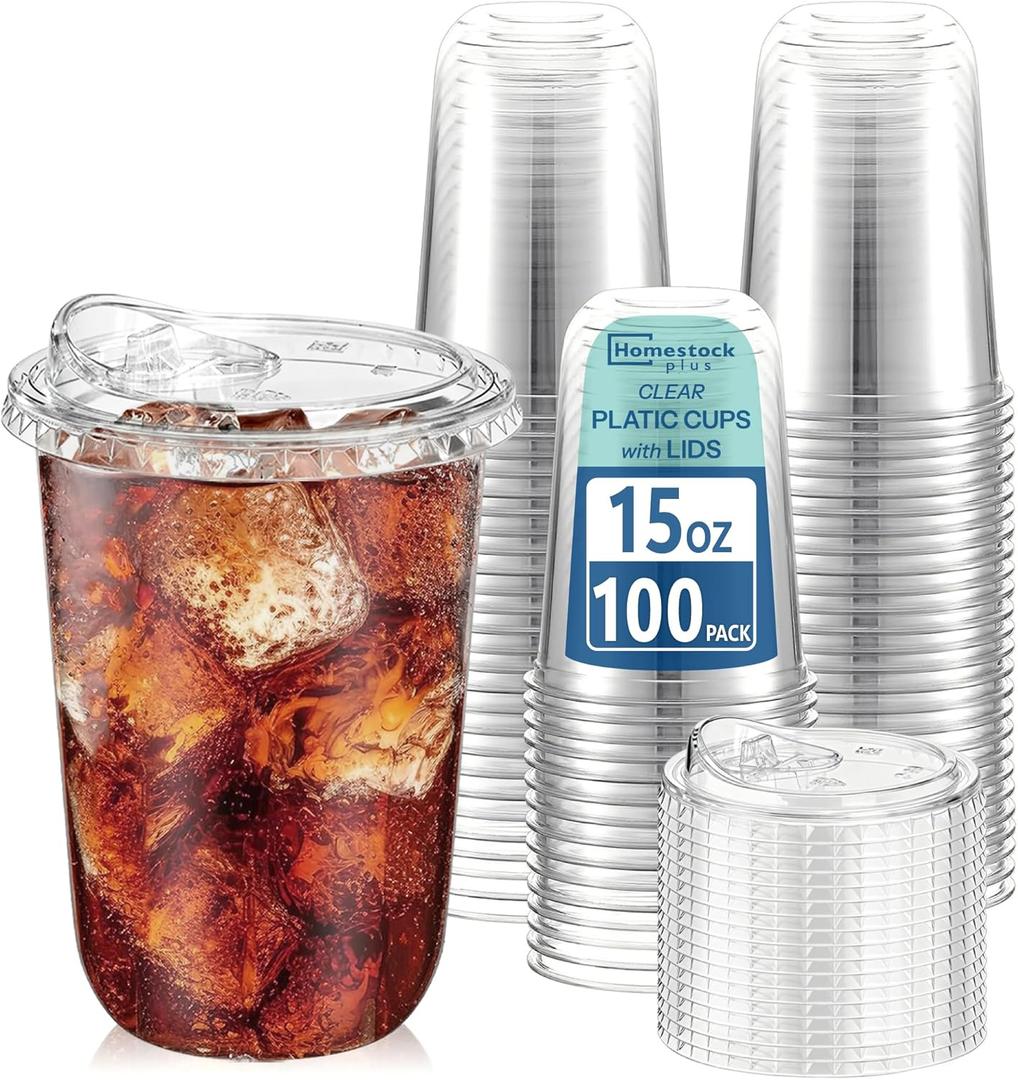 Homestockplus 15 oz Clear Plastic Cups with Lids (100 Pack) - Strawless Sip Lids, Leak-Proof & BPA-Free Iced Coffee Cups - Disposable Cold Drink Cups for Smoothies, Milkshake, Parties, Events