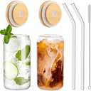 WISIMMALL Drinking Glasses with Bamboo Lids and Glass Straw 2PCS Set, 16oz Glass Cups with Lids, Beer, Iced Coffee Glasses, Soda, Gift 1 Cleaning Brushes (Missing straw and brush)