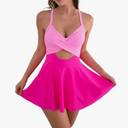 B2prity Women Cutout One Piece Skirt Swimsuit V Neck Wrap Tie Back Swimdress Tummy Control Bathing Suits, XL