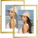 4x6 Floating Picture Frames Set of 2, Made of Metal and Double Real Glass, for Photo Size up to 6x8, Tabletop Display Home or Wedding Decoration (Vertical Gold)